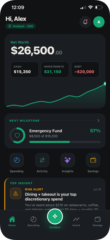 Cerebral home screen showing net worth, streak and goals